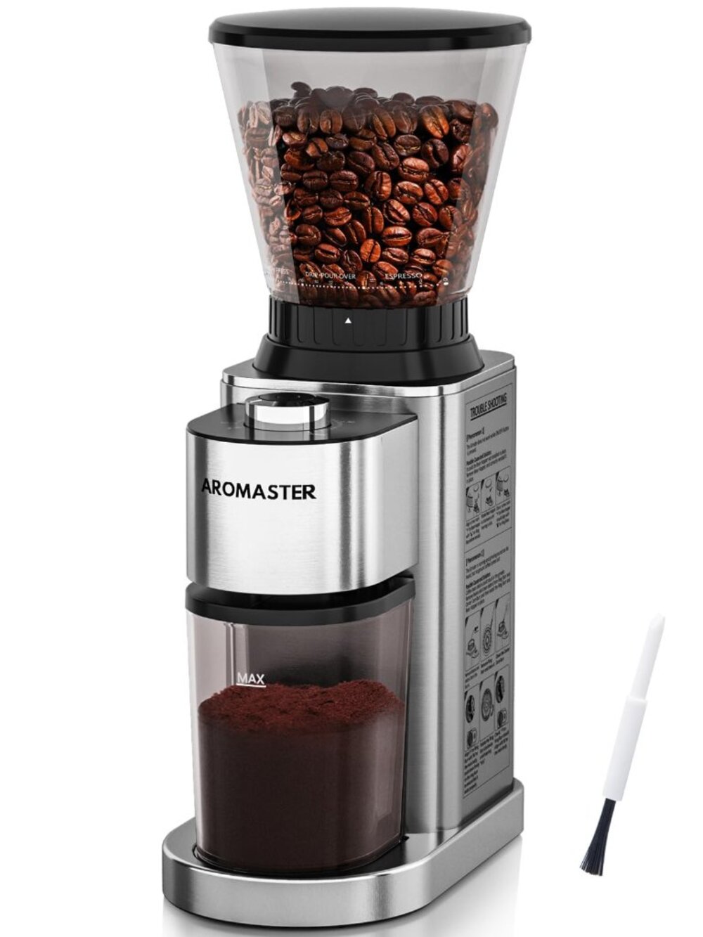NEW Aromaster Conical Coffee Bean Grinder 48 Settings Stainless Steel 40S Timer